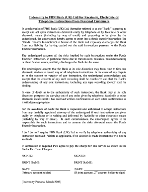Indemnity for Electronic Instructions to FBN Bank (UK)