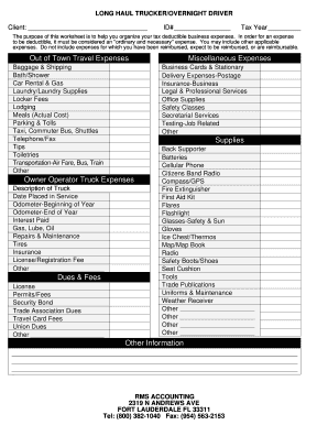Long Haul Trucker Tax Deduction Worksheet