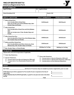 YMCA Child Care Registration Form