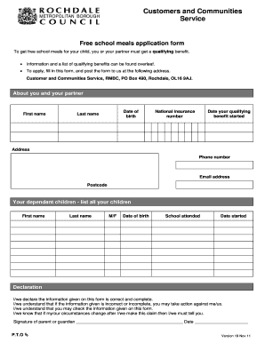 Free School Meals Application Form