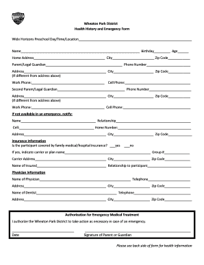 Wheaton Park District Health History and Emergency Form