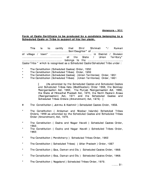 Caste Certificate Form for Scheduled Castes and Tribes