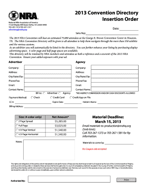 2013 Convention Directory Insertion Order National Rifle Association of America 11250 Waples Mill Road, Fairfax, VA 220309400 7032671315/7032671317 advertising nrahq - nraam