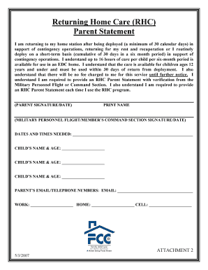 Returning Home Care Parent Statement