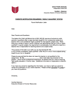 Parent Notification Letter Regarding Teacher Qualifications