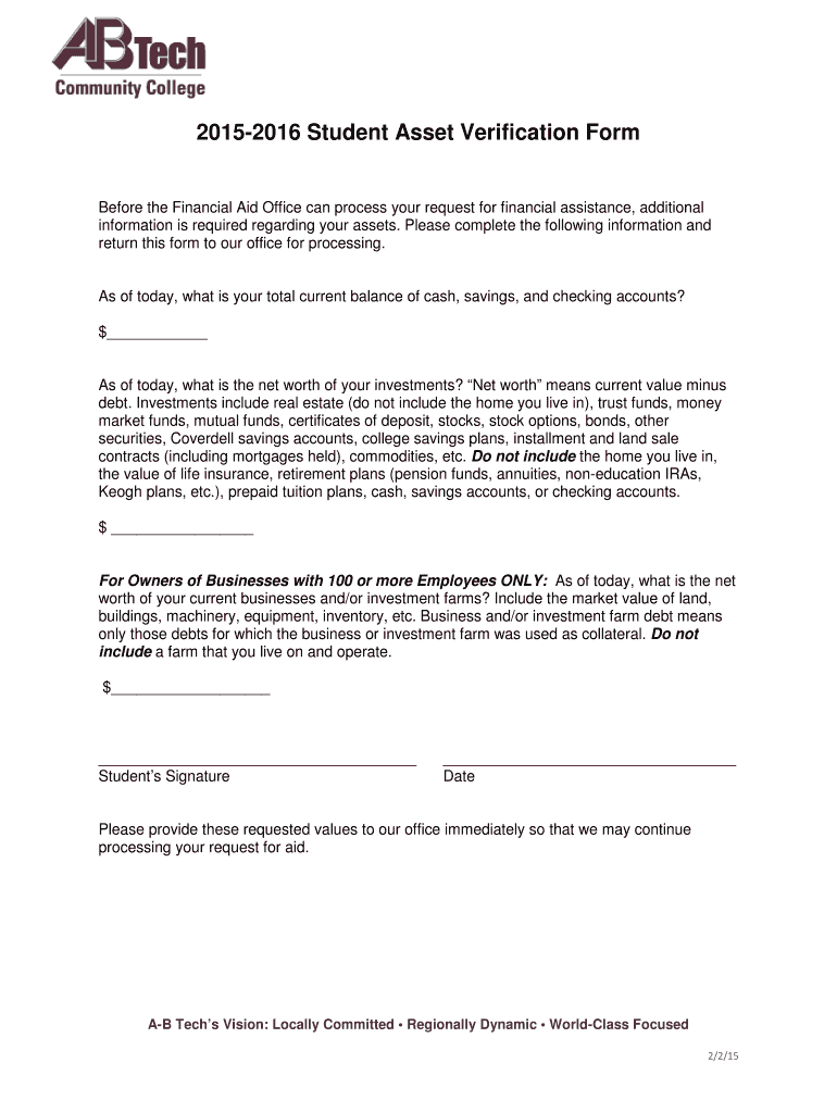 Fillable Online abtech 20152016 Student Asset Verification Form Before