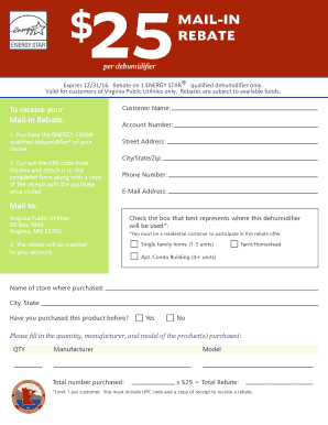 25 $ MAILIN REBATE per dehumidifier Expires 12/31/16