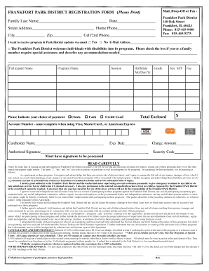 Frankfort Park District Registration Form