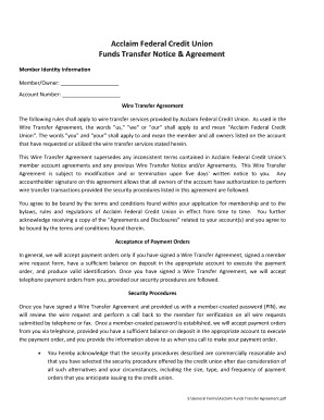 Acclaim Federal Credit Union Wire Transfer Agreement