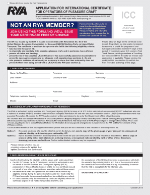 RYA Membership Form Application for International Certificate