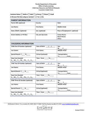 Florida Child Care Resource and Referral Network Customer Intake Form