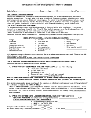 Individualized Health/Emergency Care Plan For Diabetes