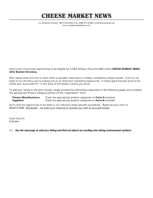 Cheese Market Directory Application Form