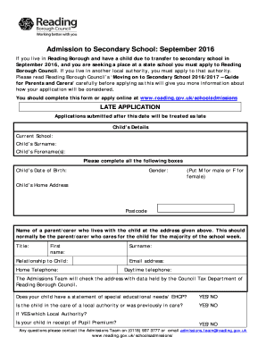 Reading Borough Council Secondary School Admission Form