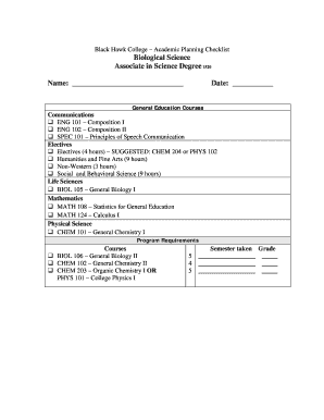 Academic Planning Checklist for Biological Science