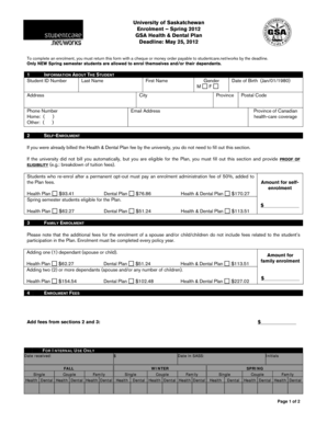 University of Saskatchewan GSA Health & Dental Plan Enrollment Form