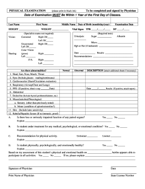 Student Physical Examination Form