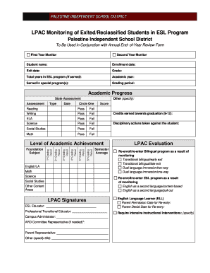 LPAC Monitoring Form for Exited ESL Students