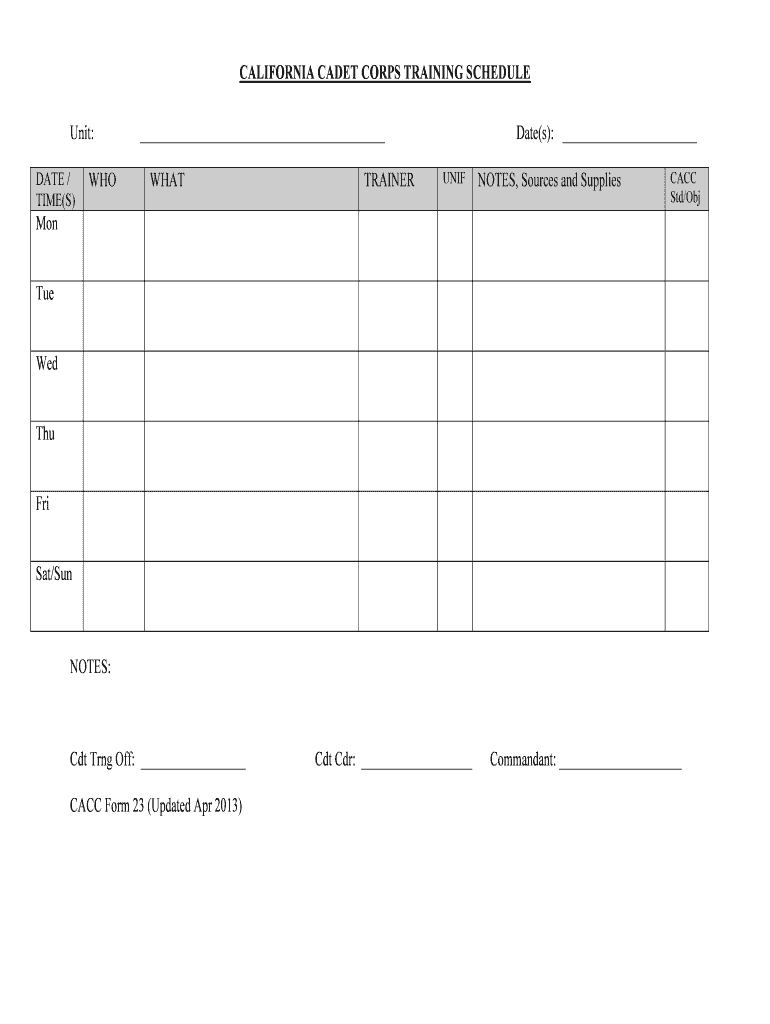 Fillable Online CALIFORNIA CADET CORPS TRAINING SCHEDULE Fax Email ...