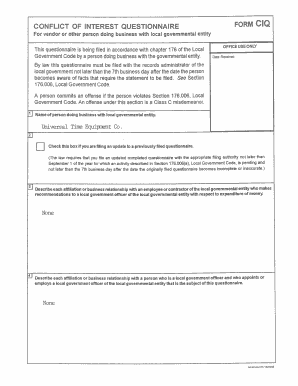 Conflict of Interest Questionnaire Form CIQ