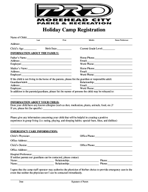 Holiday Camp Registration and Field Trip Waiver Form