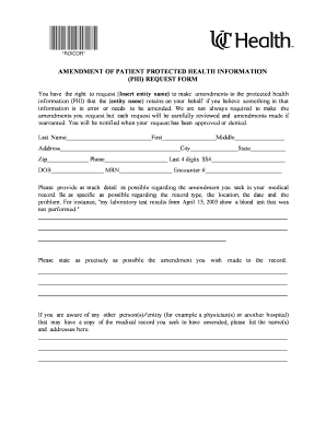 Amendment of Patient Protected Health Information Request Form