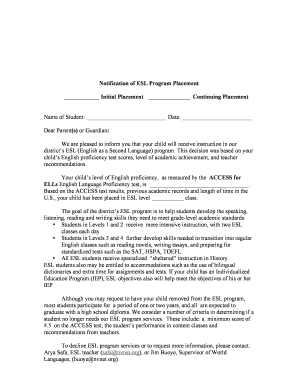 Notification of ESL Program Placement