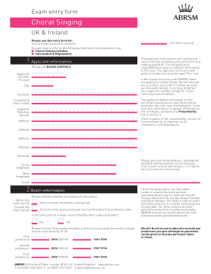 Choral Singing Exam Entry Form