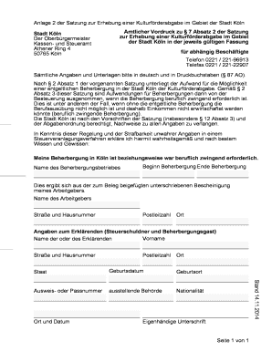 Anlage 2 der Satzung zur Erhebung einer Kulturförderabgabe im Gebiet der Stadt Köln