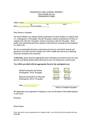 School Health Services Permission Form