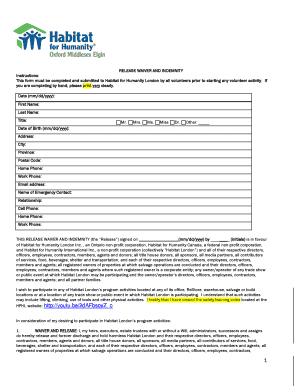 Release Waiver and Indemnity for Habitat for Humanity London