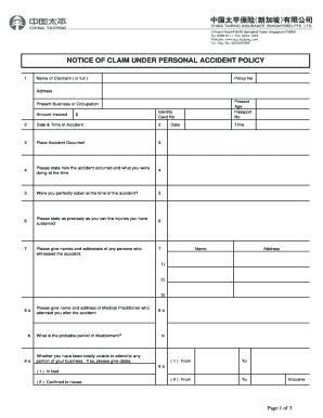 Notice of Claim Under Personal Accident Policy