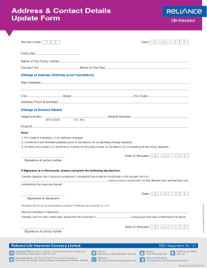 Reliance Life Insurance Address Update Form