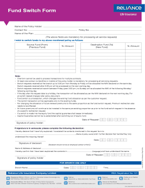 Reliance Life Insurance Fund Switch Form