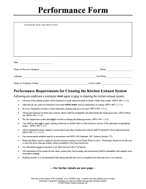 Restaurant Kitchen Exhaust Cleaning Performance Form