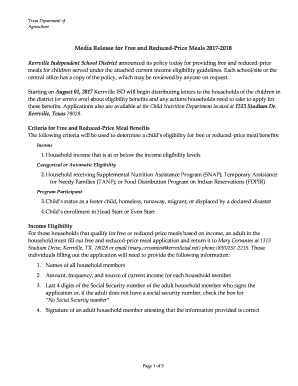 Media Release for Free and Reduced-Price Meals 2017-2018