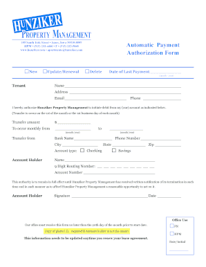 Hunziker Property Management Automatic Payment Authorization Form