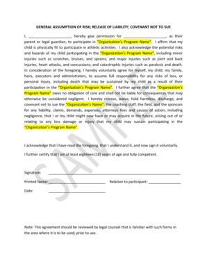 General Assumption of Risk and Release of Liability