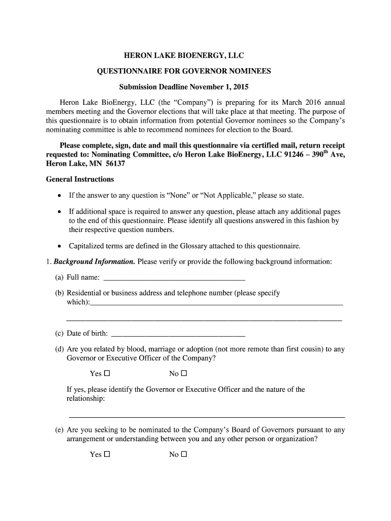 Fillable Online HERON LAKE BIOENERGY LLC QUESTIONNAIRE FOR GOVERNOR NOMINEES Fax Email Print