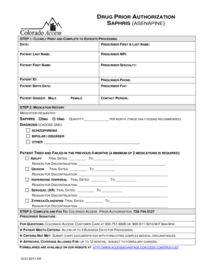 Drug Prior Authorization Form for Saphris (Asenapine)