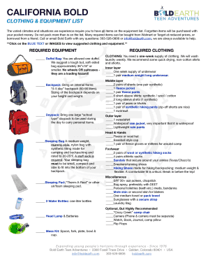 California Bold Clothing Equipment List