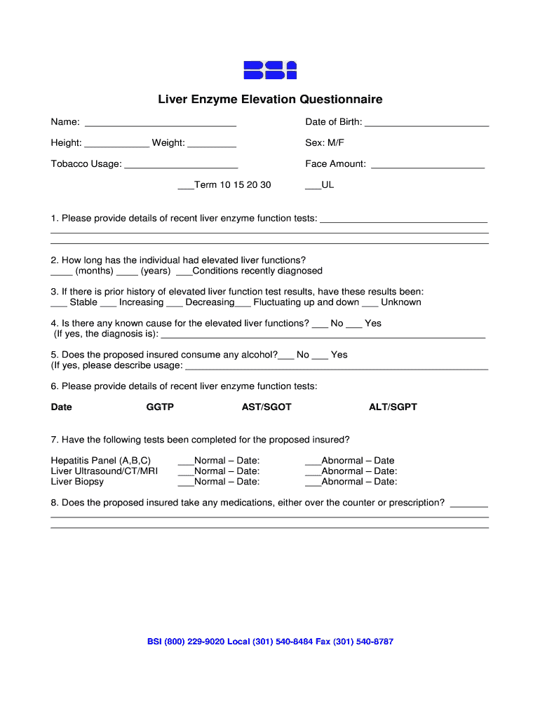 Fillable Online Liver Enzyme Elevation Questionnaire BSI Fax Email