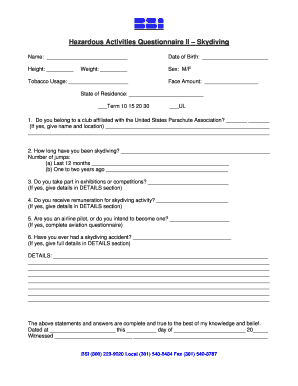 Hazardous Activities Questionnaire Skydiving