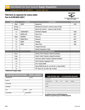 Vehicle Pre-Application Product Order Form