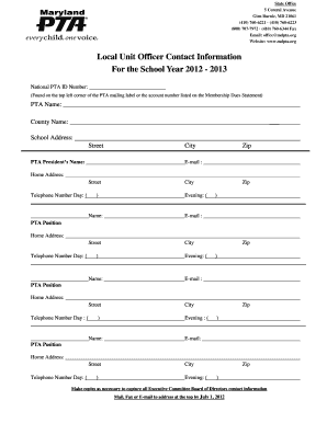 Maryland PTA Local Unit Officer Contact Information Form