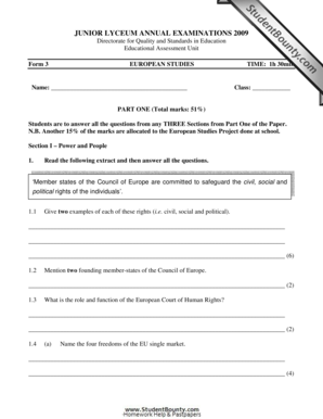 Junior Lyceum European Studies Exam Form