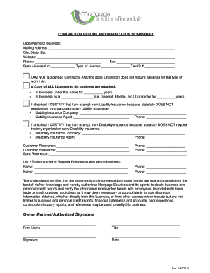 Contractor Resume and Verification Worksheet