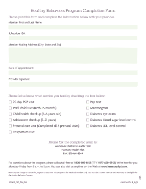 Healthy Behaviors Program Completion Form