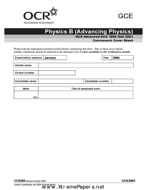 Physics B Coursework Cover Sheet
