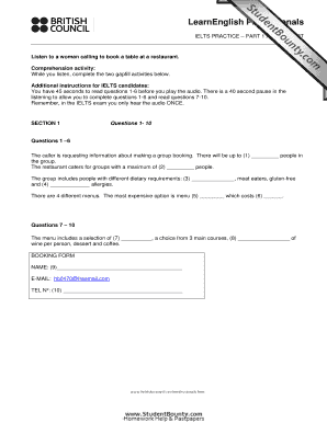 IELTS Restaurant Booking Practice Form